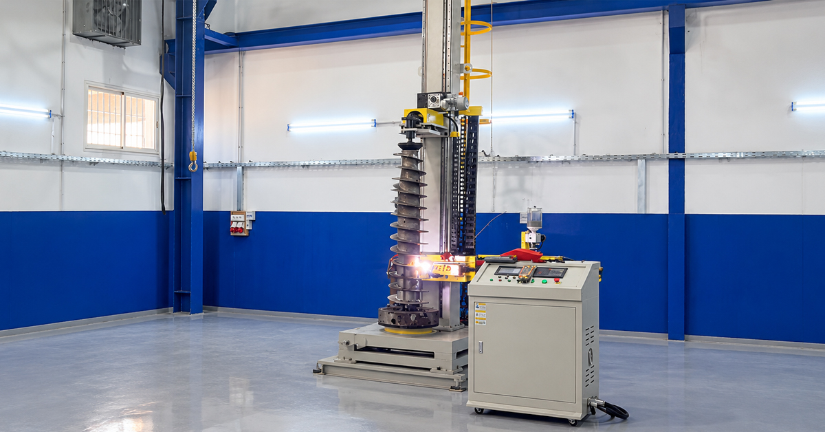 The vertical PTA screw hardfacing machine supplied for the Tunisia order, showing the upright workpiece arrangement and overall equipment structure.