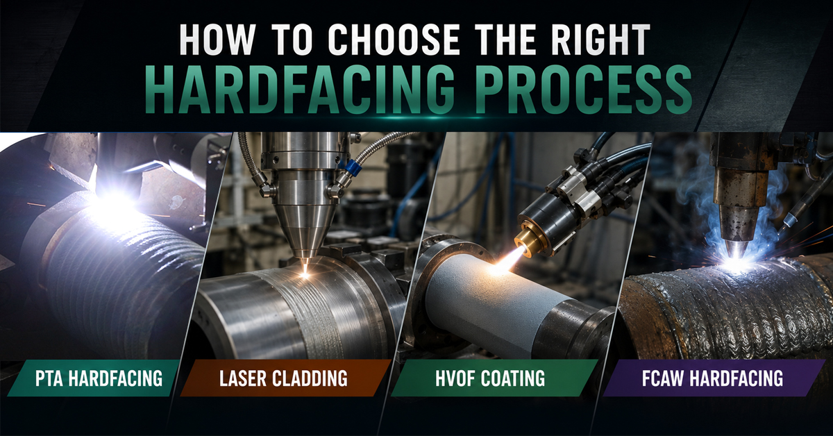 Engineering comparison of hardfacing processes for different wear mechanisms including PTA hardfacing, laser cladding, HVOF and FCAW.