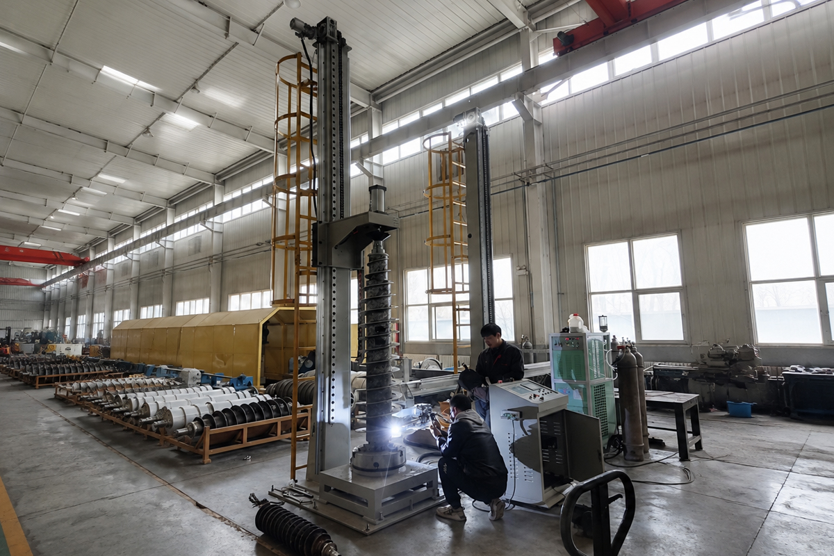 Extruder screw repaired with PTA hardfacing in mining application