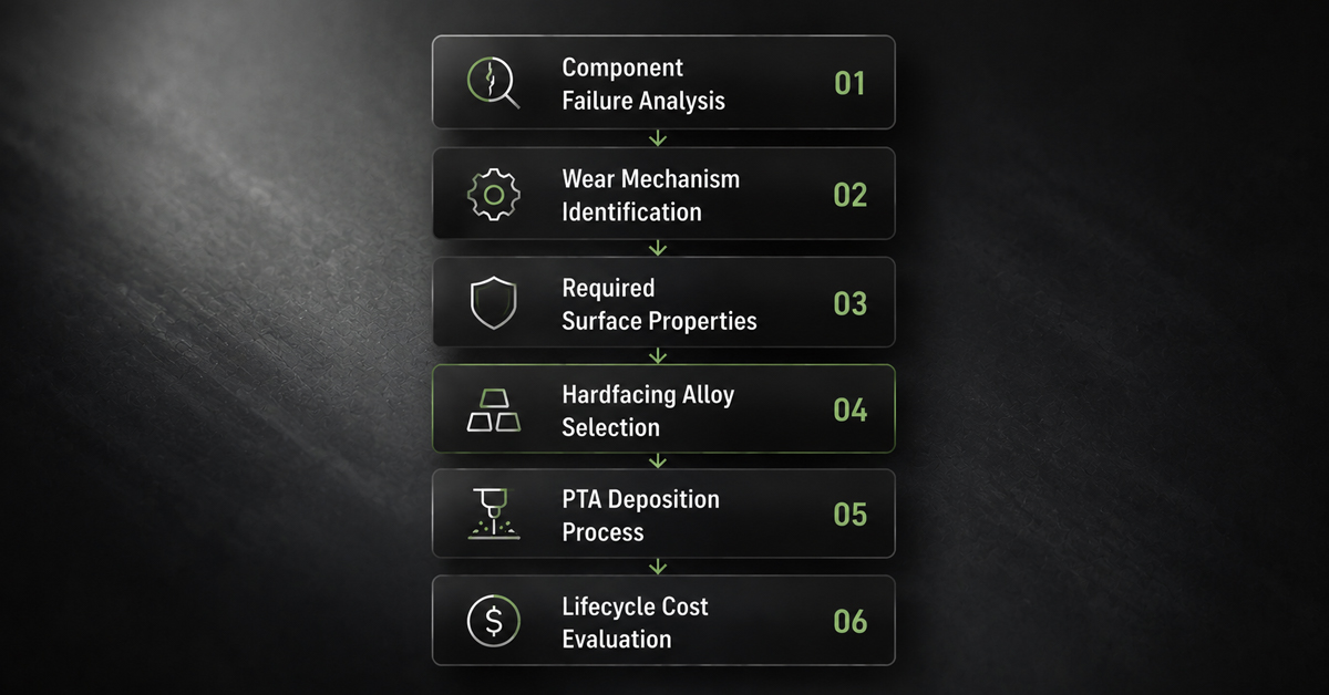 Engineering workflow for hardfacing alloy selection from failure analysis to wear mechanism evaluation and PTA deposition process selection.