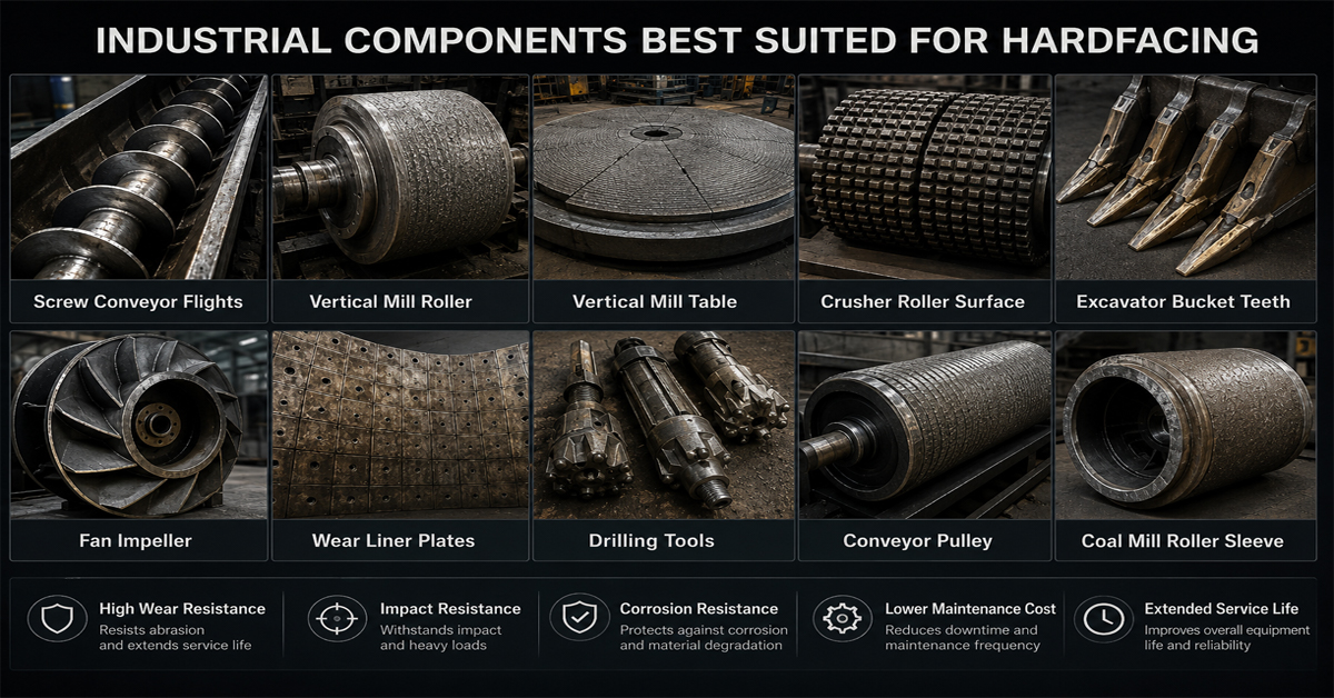 Hardfacing applications for mining, cement, steel and power industry components