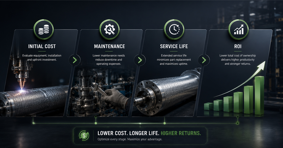 Lifecycle cost comparison of different hardfacing processes based on service life, maintenance and production efficiency.