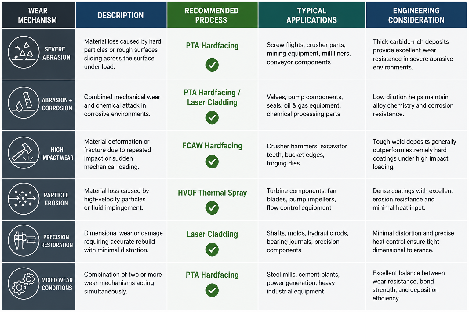 Hardfacing process selection matrix based on abrasion, impact, corrosion and erosion wear mechanisms.