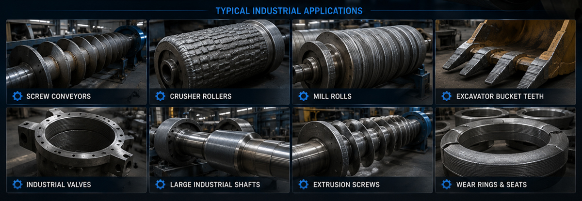 Typical industrial applications for PTA hardfacing including screw conveyors, crusher rollers and large shaft rebuilding