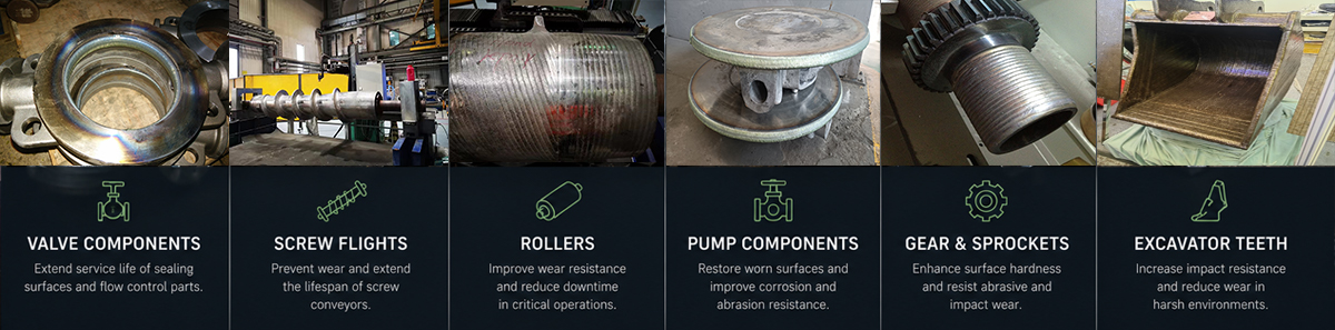 Typical industrial applications of PTA hardfacing including valves, screw flights, rollers and pump components.
