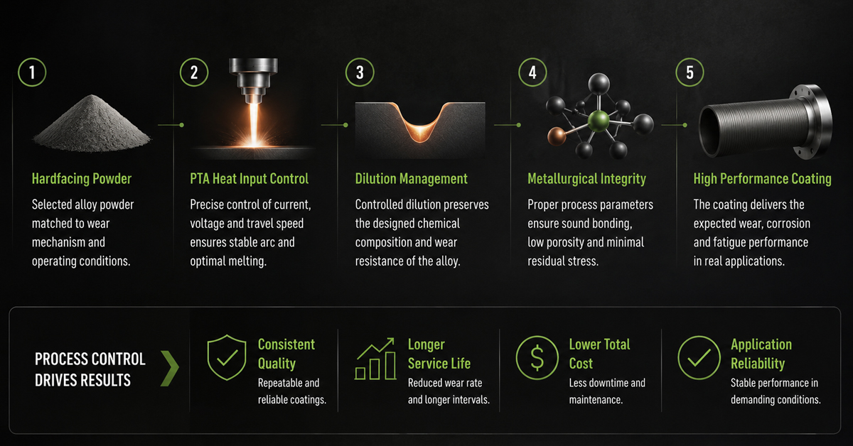 PTA hardfacing process showing how powder alloy selection, heat control and dilution affect coating performance.