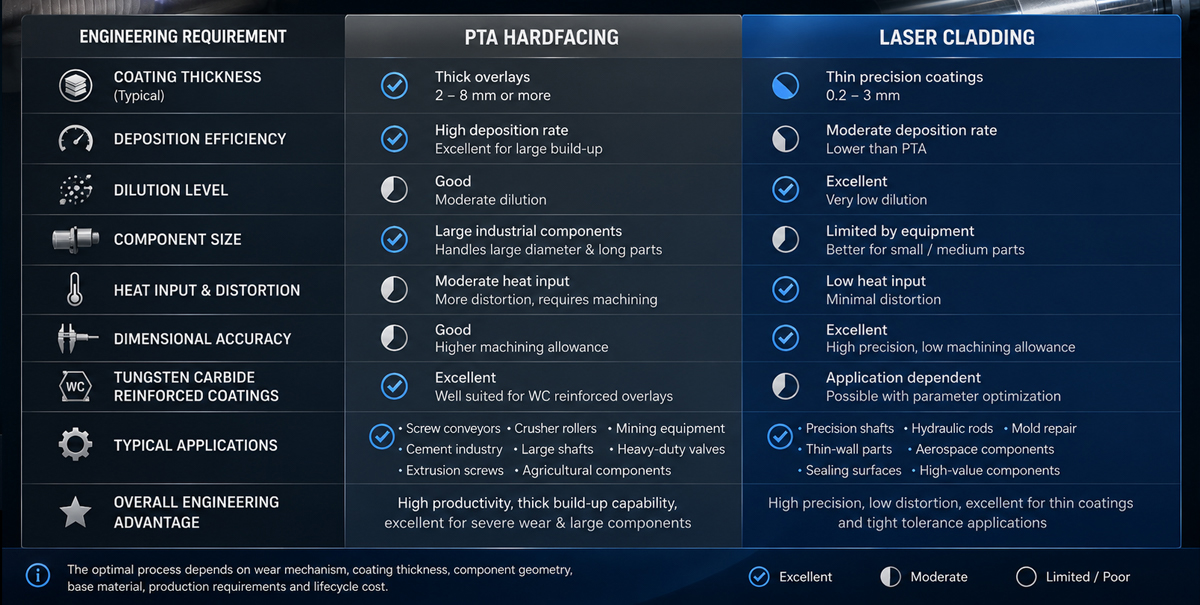 Comparison of PTA hardfacing and laser cladding for coating thickness, dilution and deposition efficiency