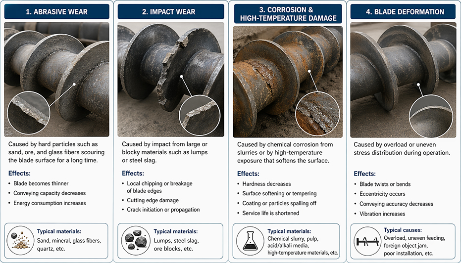 Common wear problems of screw flights including abrasion impact corrosion and deformation