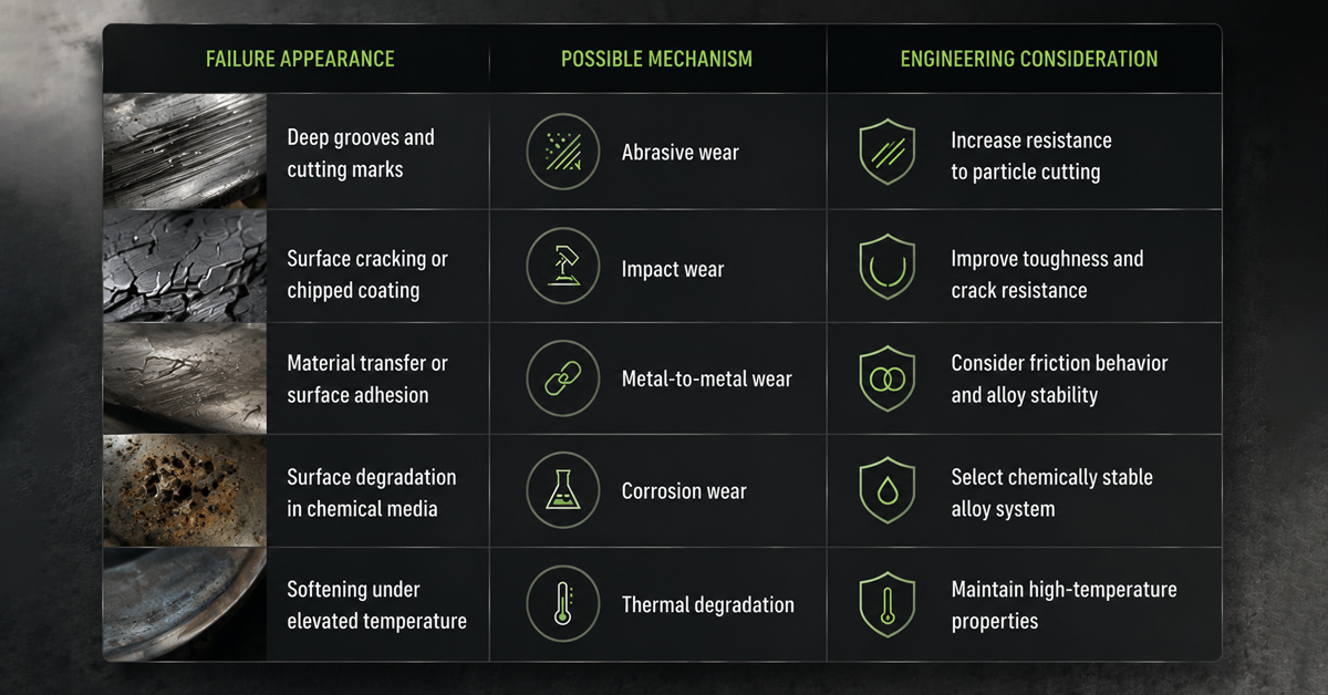 Wear mechanism selection matrix showing abrasive wear, impact wear, corrosion wear and required hardfacing alloy properties.
