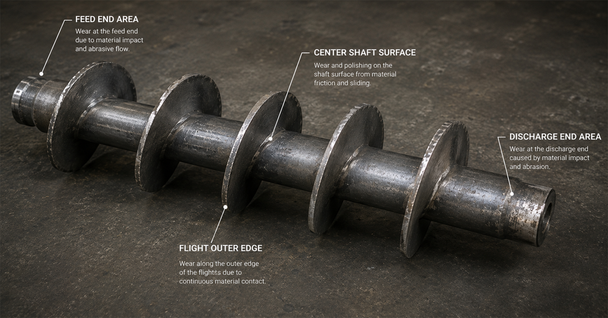 Severe wear on screw conveyor flight outer edge