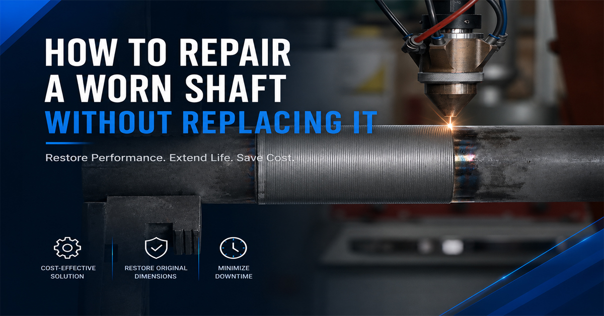 Worn industrial shaft being rebuilt by surface cladding and machined to final dimensions